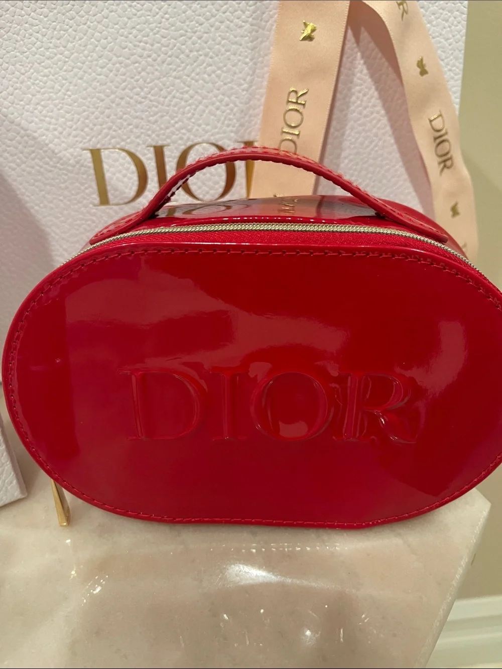 Dior Glossy Red Patent Oval Vanity Case Cosmetic Bag